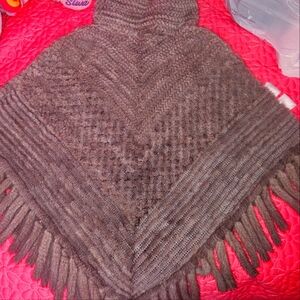 Cozy Grayish Brown Knit Mink Poncho with Fringe